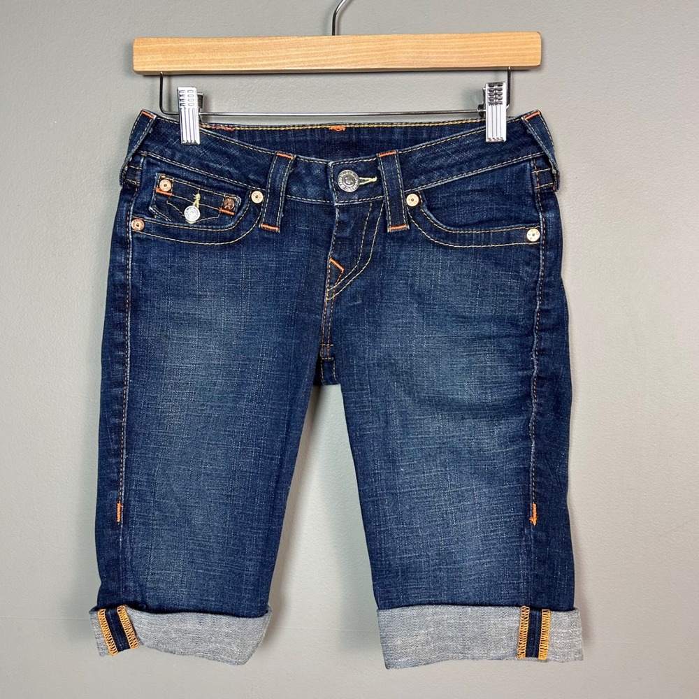 Y2K True Religion denim shorts women's 26 Sophie Dark Bermuda Low Rise Stitching